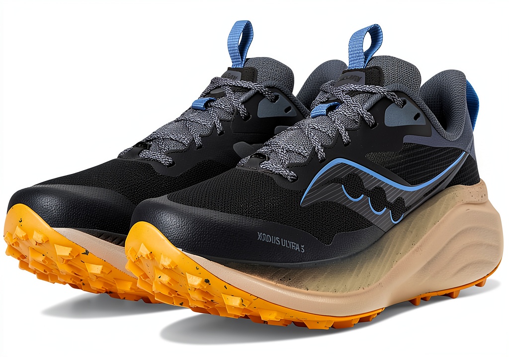 Saucony scarpe trail running in azione su sentiero roccioso