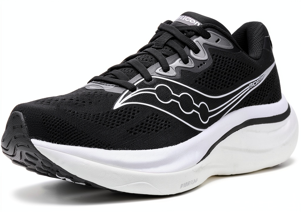 Saucony Ride 19 Nero Argento vista laterale su sfondo neutro